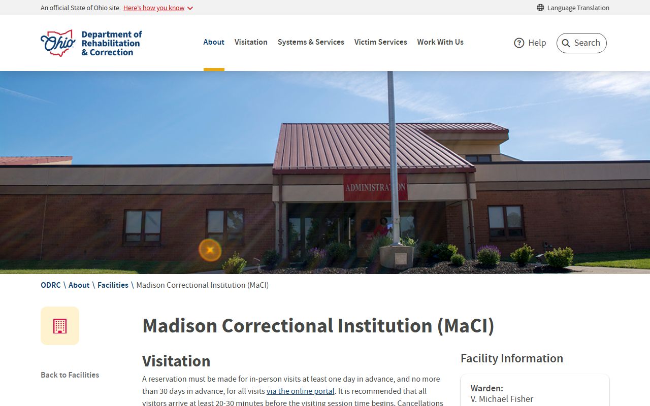 Madison Correctional Institution ODRC facility page for inmate records