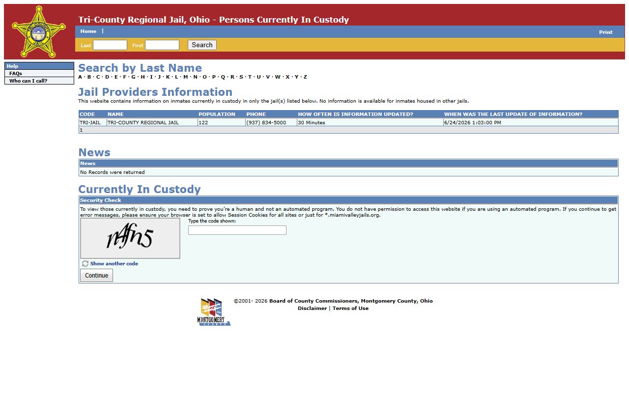 Tri-County Regional Jail current custody roster for Madison County inmate lookup